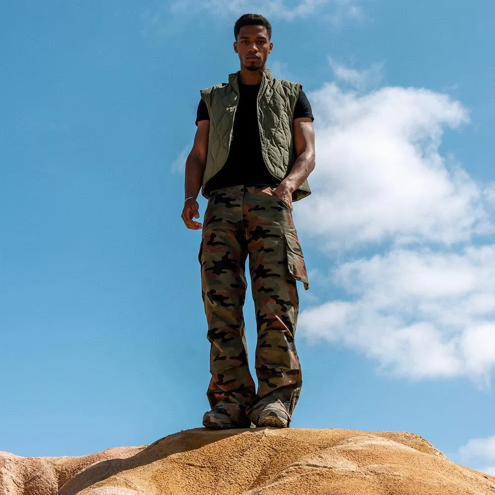 Wholesale Cargo Camouflage Printed Men's Pants Manufacturer Zippers Multi Pockets Low Rise Camo Straight Trousers