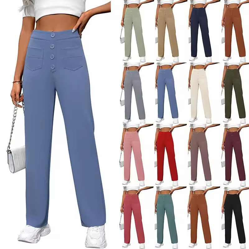 Women's High Waist Button Trousers Wide Leg Casual Loose Straight Design Breathable Pants for Spring Summer