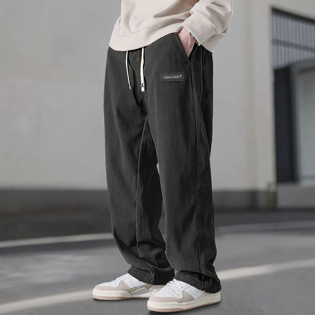Mens Corduroy Casual Pants Fashion Loose Fit Wide Leg Pants Straight Sweatpants Elastic Waist Drawstring Baggy Vintage Trousers