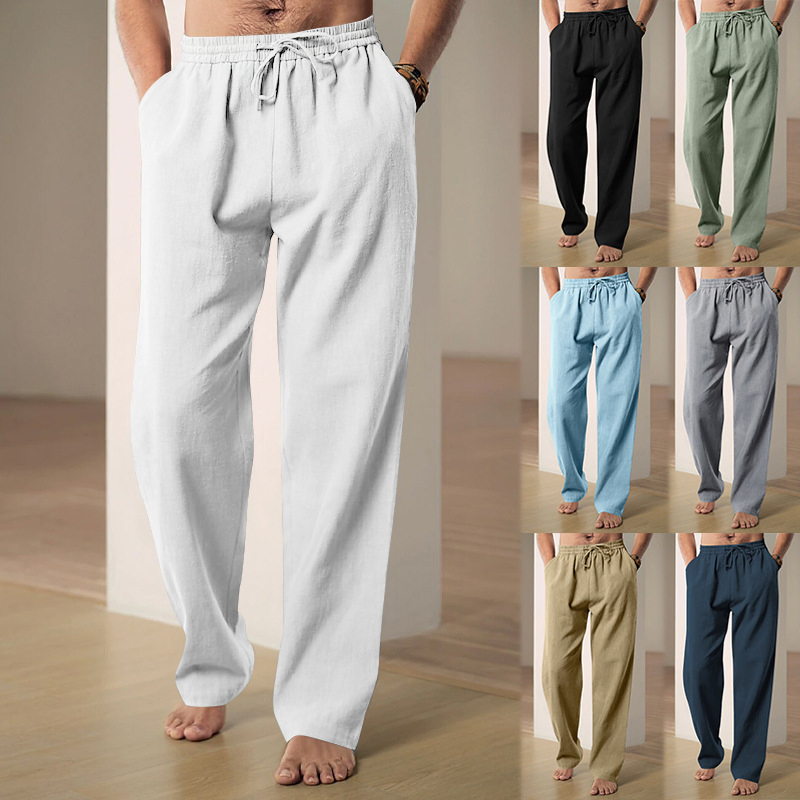 200GSM Men's Lightweight Breathable Linen Loose Fit Casual Joggers Athletic Leisure Trousers