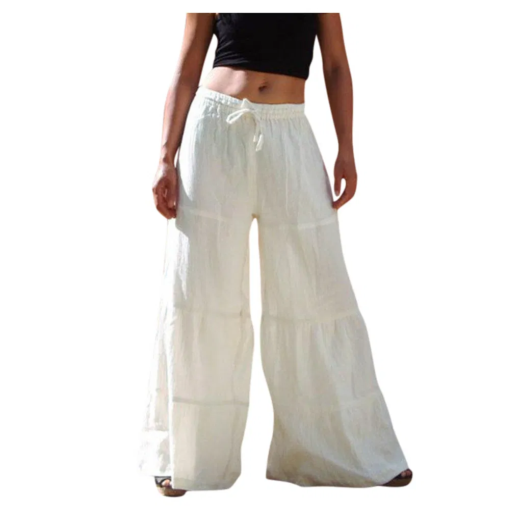 Spring and Autumn Hot Women Cotton and Linen Loose Solid Colour Elastic Waist Plus Size Wide Leg Trousers