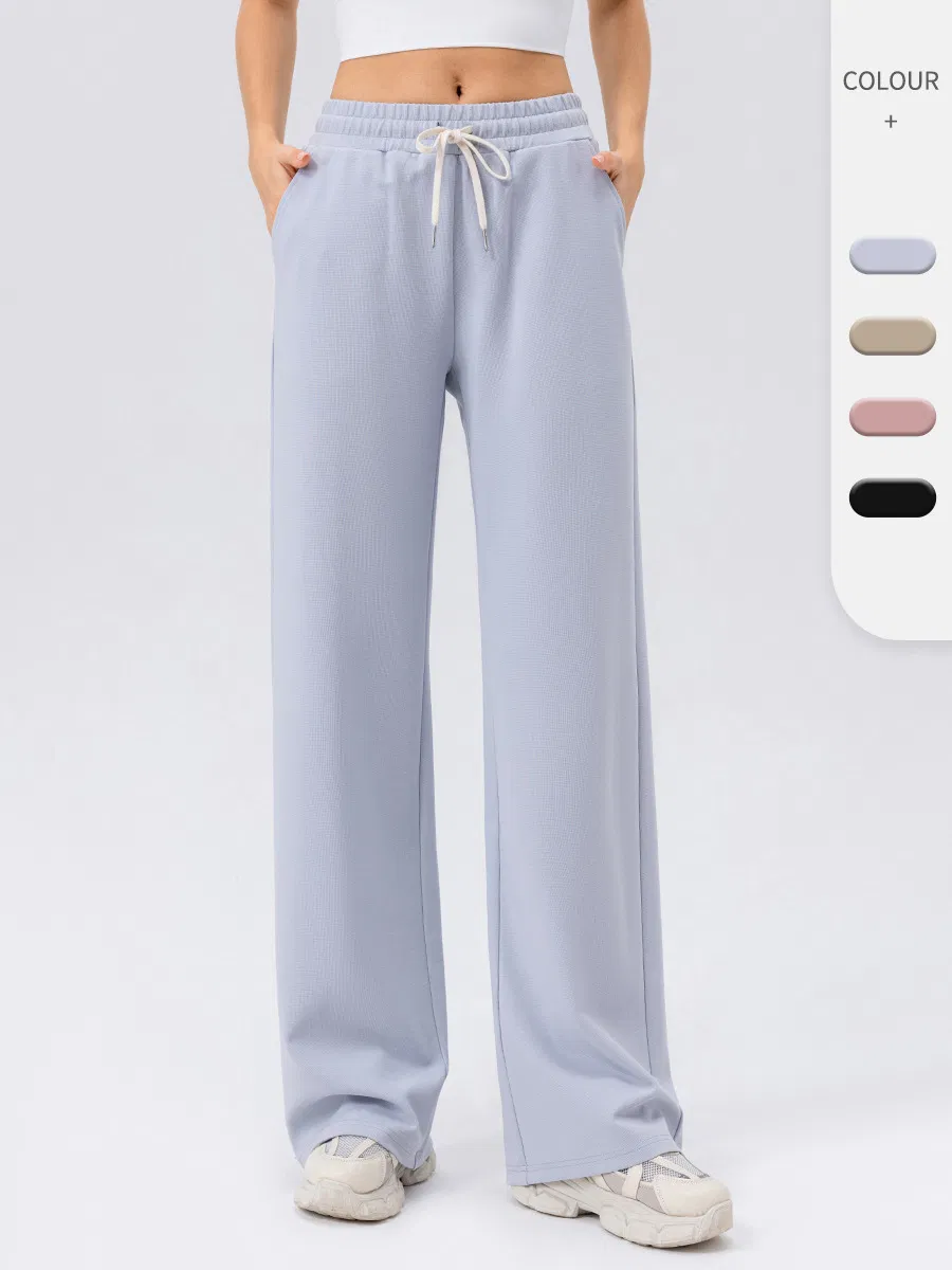 Women High Waist Wide Leg Sports Pants Pure Color Loose Fit Outdoor Running Fitness Trousers