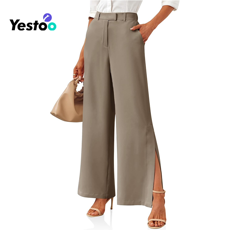 Women's High Waisted Trousers Wide Leg Split Hem Office