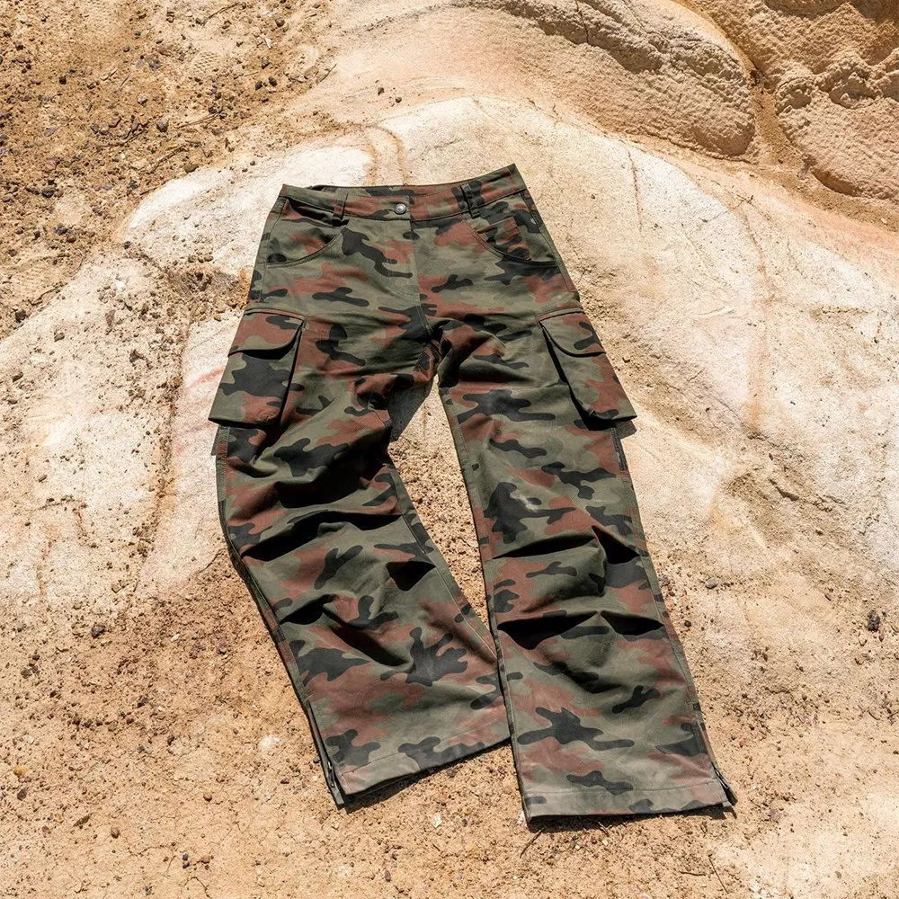 Wholesale Cargo Camouflage Printed Men's Pants Manufacturer Zippers Multi Pockets Low Rise Camo Straight Trousers