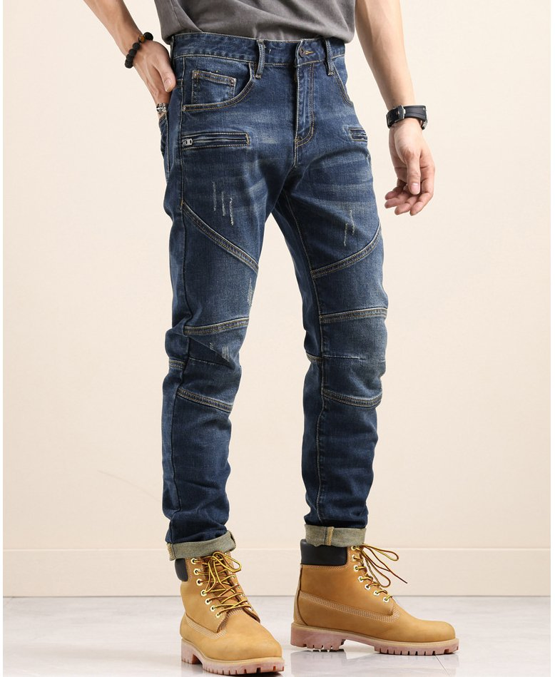 Motorcycle Jeans Slim Fit Stretch Fashion Pants Stitching Trousers