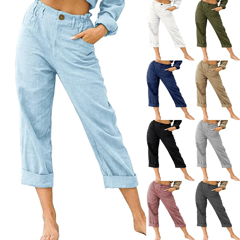 High Waist Women Casual Trousers Linen/Cotton Slacks