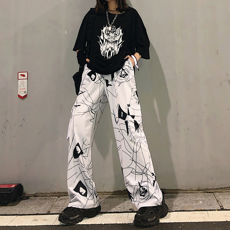Dark Black Trousers Women's Spring and Autumn Black and White Geometric Figure Printed Trousers Loose All-Match Wide-Leg Straight-Leg Casual Trousers