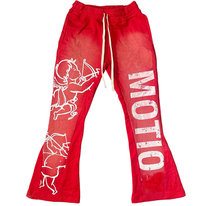 Custom 100% Cotton Streetwear Flared Jogger Trackpants 3D Puff Print Fleece Sweatpants Men Flare Stacked Sweat Pants