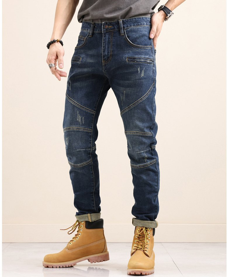 Motorcycle Jeans Slim Fit Stretch Fashion Pants Stitching Trousers