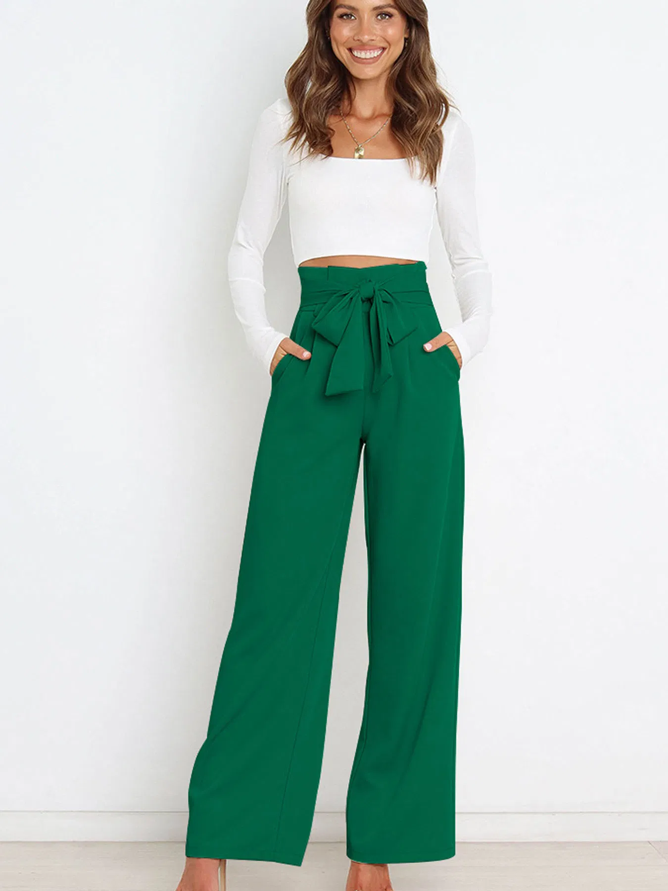 Ladies' Fashionable Ice Silk Pants Loose Lacing High Waist Women Trousers Working