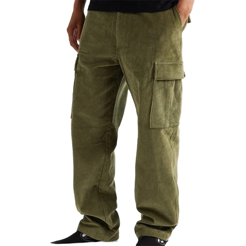 Custom Logo Straight Leg Pants Men Corduroy Casual Chino Track Cargo Pants with Big Pockets