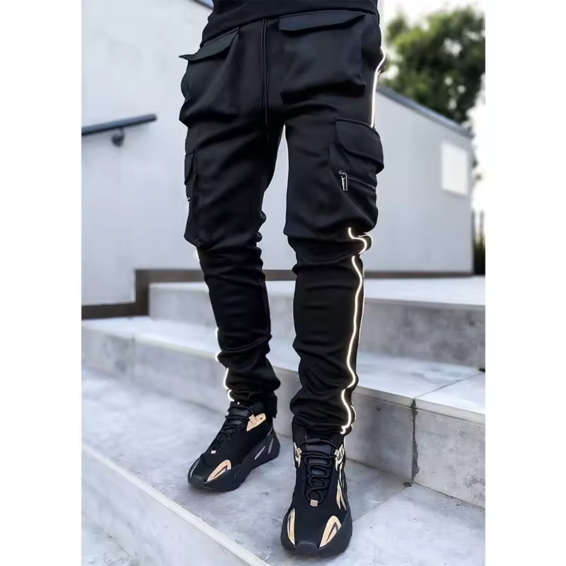 Reflective Small Foot Work Pockets Elastic Sports Plus Size Men Cargo Trousers