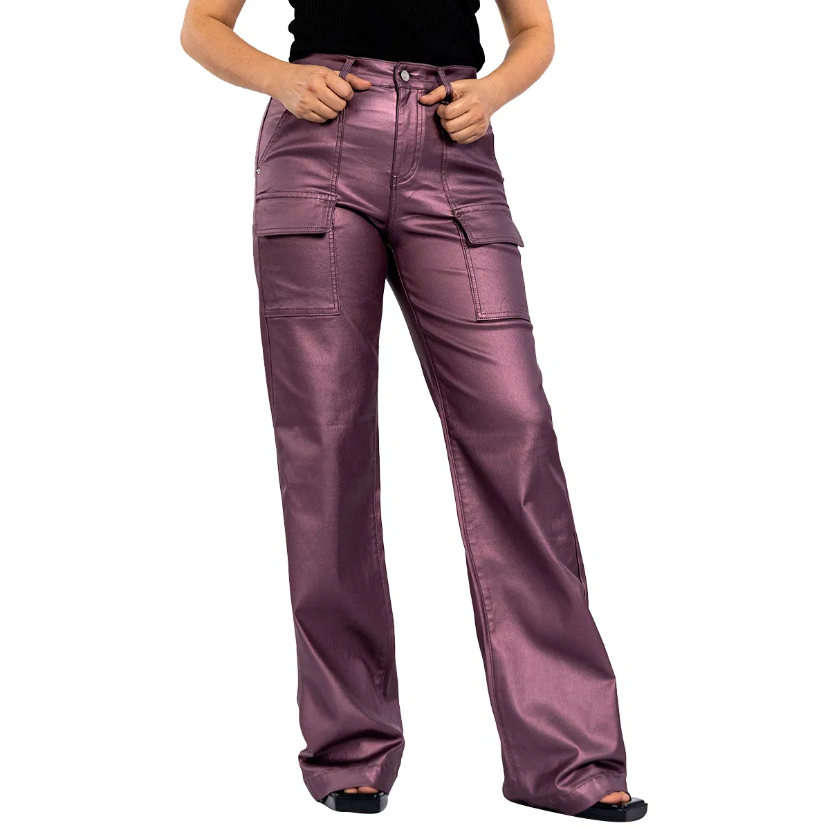 Burgundy High Waisted Cargo Pants Biker Coated Trousers Women