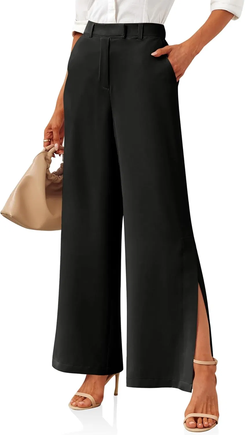 Women's High Waisted Trousers Wide Leg Split Hem Office