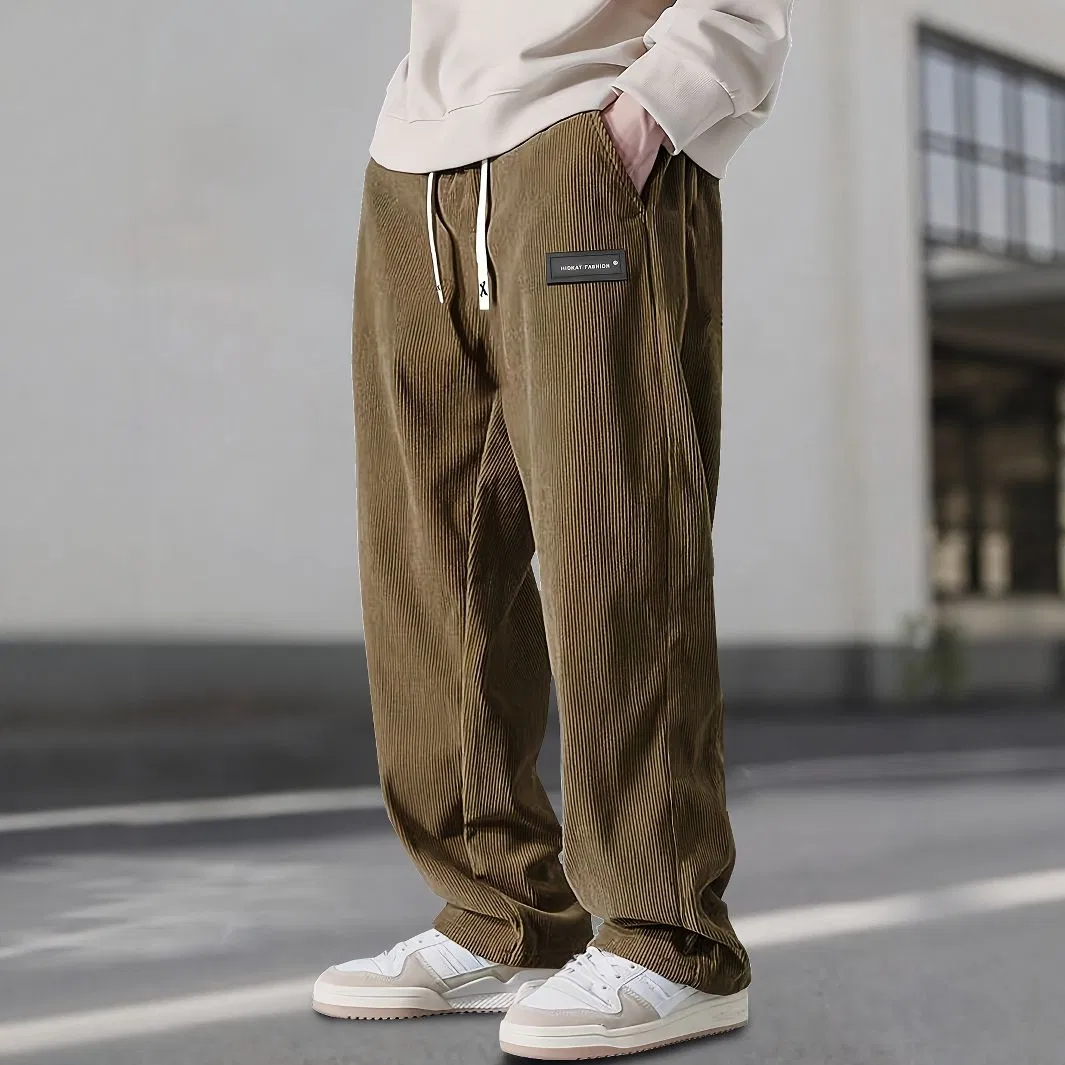 Mens Corduroy Casual Pants Fashion Loose Fit Wide Leg Pants Straight Sweatpants Elastic Waist Drawstring Baggy Vintage Trousers