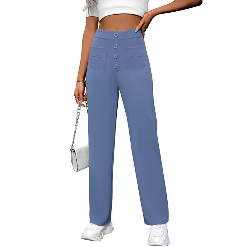Women's High Waist Button Trousers Wide Leg Casual Loose Straight Design Breathable Pants for Spring Summer