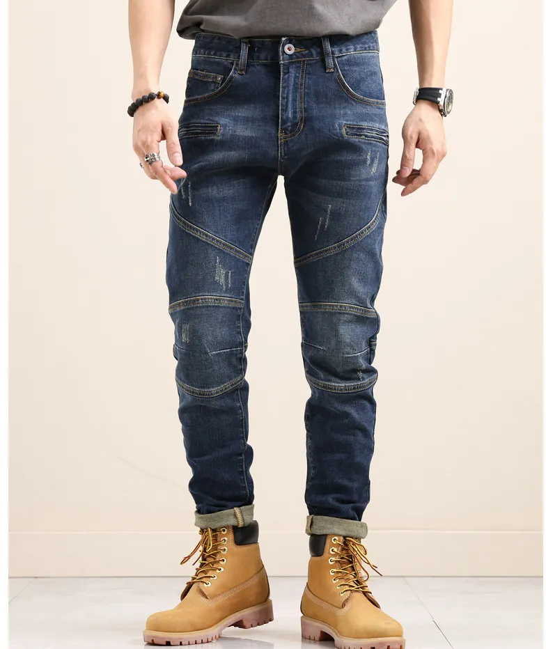 Motorcycle Jeans Slim Fit Stretch Fashion Pants Stitching Trousers