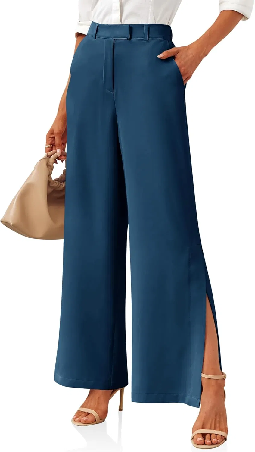 Women's High Waisted Trousers Wide Leg Split Hem Office