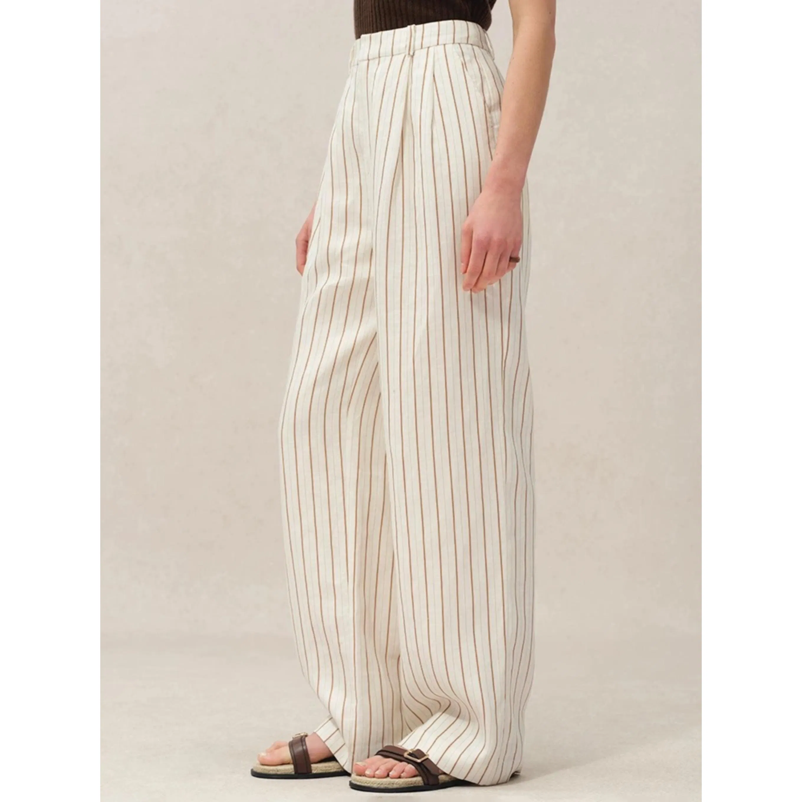 Wholesale Luxury Women Suits Pants with Pinstripes Linen Fabric and Loose Straight Fit Design