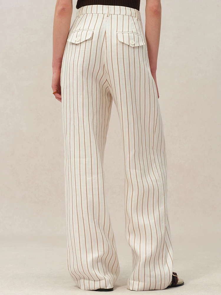 Wholesale Luxury Women Suits Pants with Pinstripes Linen Fabric and Loose Straight Fit Design