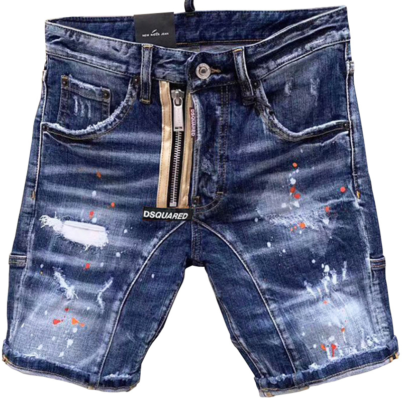 Men's Summer Fashion Denim MID-Shorts - Gold Leather Zipper White Paint Button Straight Five-Point Trend Bottoms