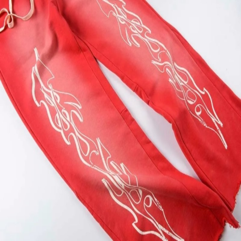 Hellstar Red Flared Leg Jogger Pants with Flame Graphic Design and Logo Print