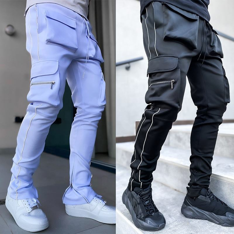 Custom Cargo Pants Reflective Stripe Joggers Streetwear Multi Pockets Logo Gym Jogging Track Pants Men