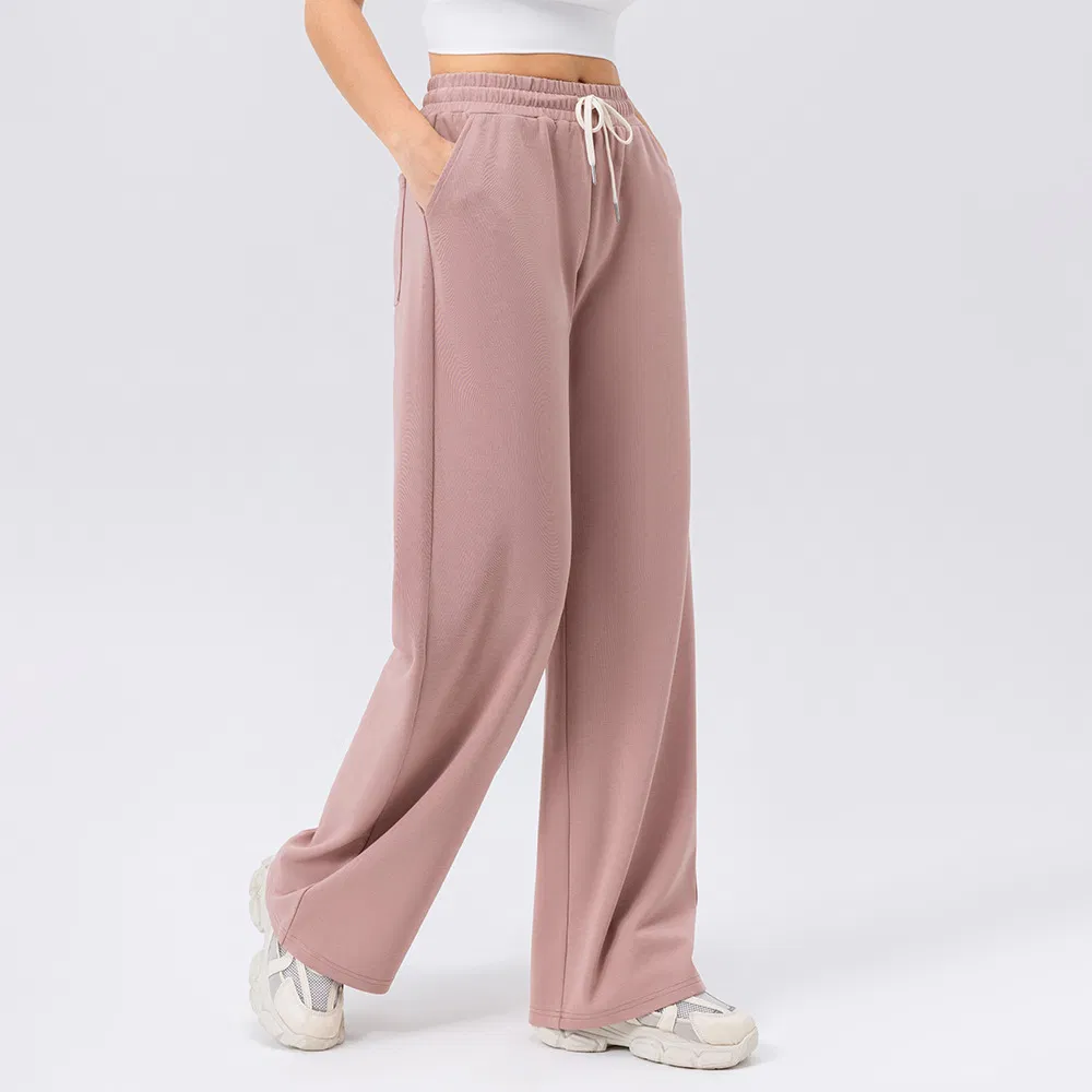 Women High Waist Wide Leg Sports Pants Pure Color Loose Fit Outdoor Running Fitness Trousers