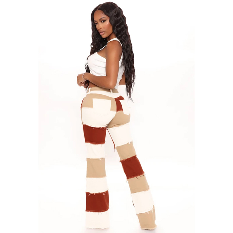 New Winter Women's Slim Flare High Waist Casual Patchwork Factory Denim Trousers