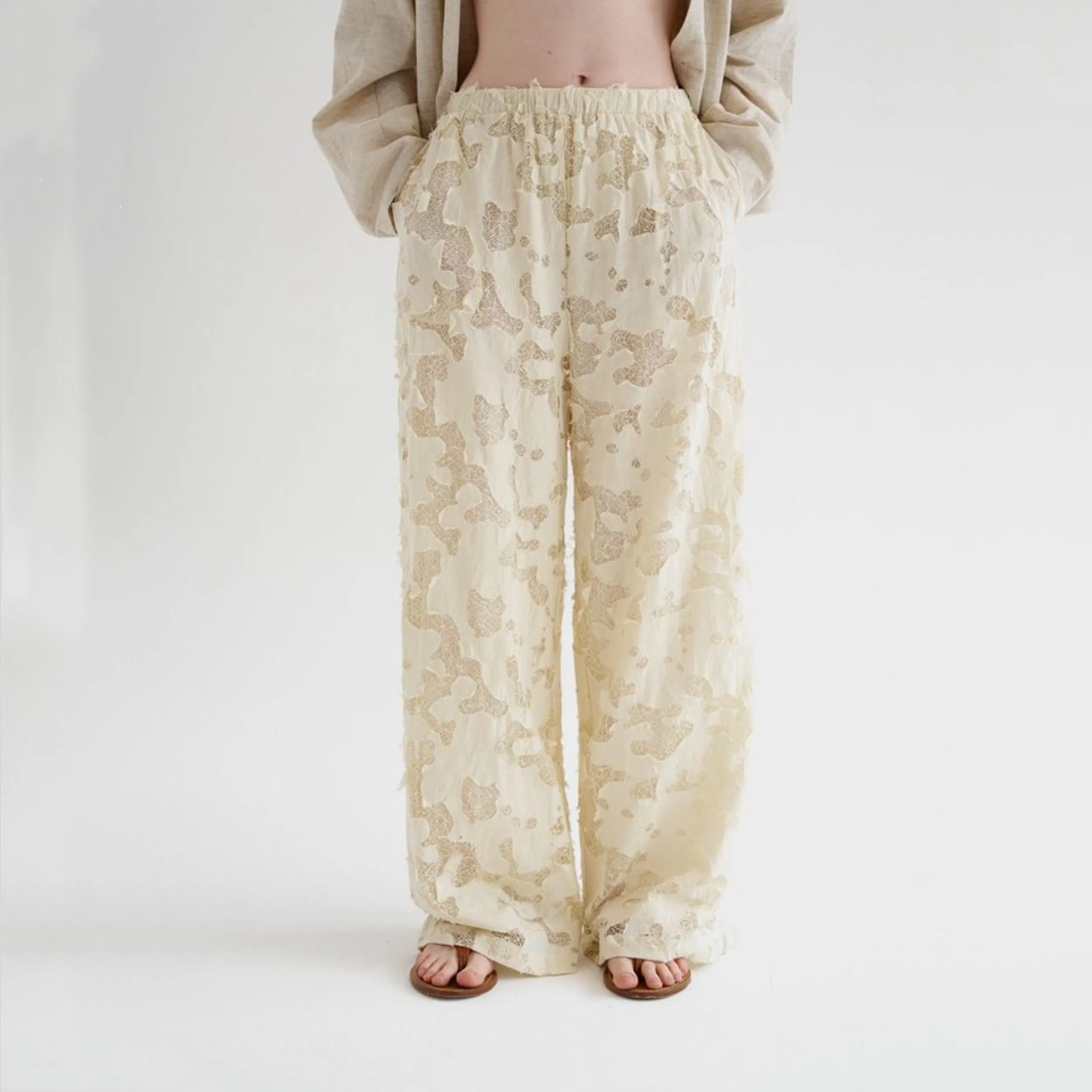 Factory Customization Casual Hollow Jacquard Trousers for Women Summer High Waist A Line Wide Leg Trousers