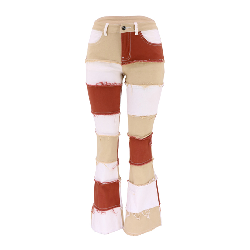New Winter Women's Slim Flare High Waist Casual Patchwork Factory Denim Trousers