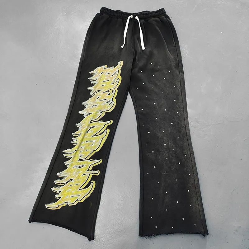 Custom 100% Cotton Streetwear Flared Jogger Trackpants 3D Puff Print Fleece Sweatpants Men Flare Stacked Sweat Pants