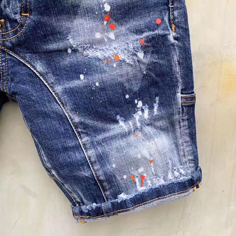 Men's Summer Fashion Denim MID-Shorts - Gold Leather Zipper White Paint Button Straight Five-Point Trend Bottoms