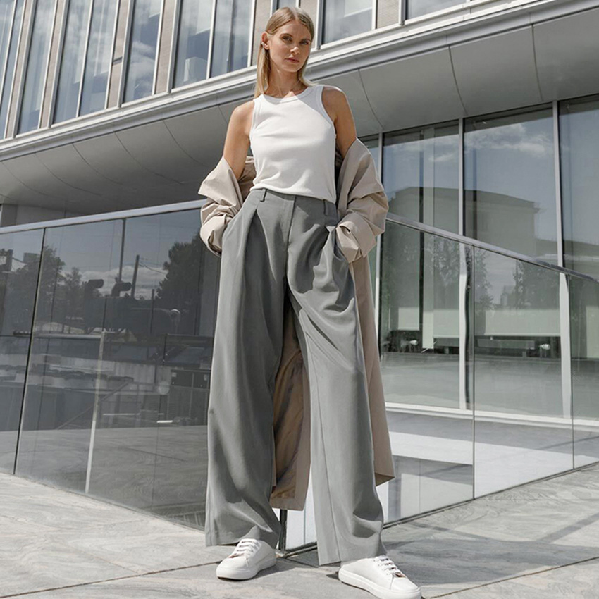 Fashionable New Women High Waist Street Recreational Gray Wide Leg Loose Trousers