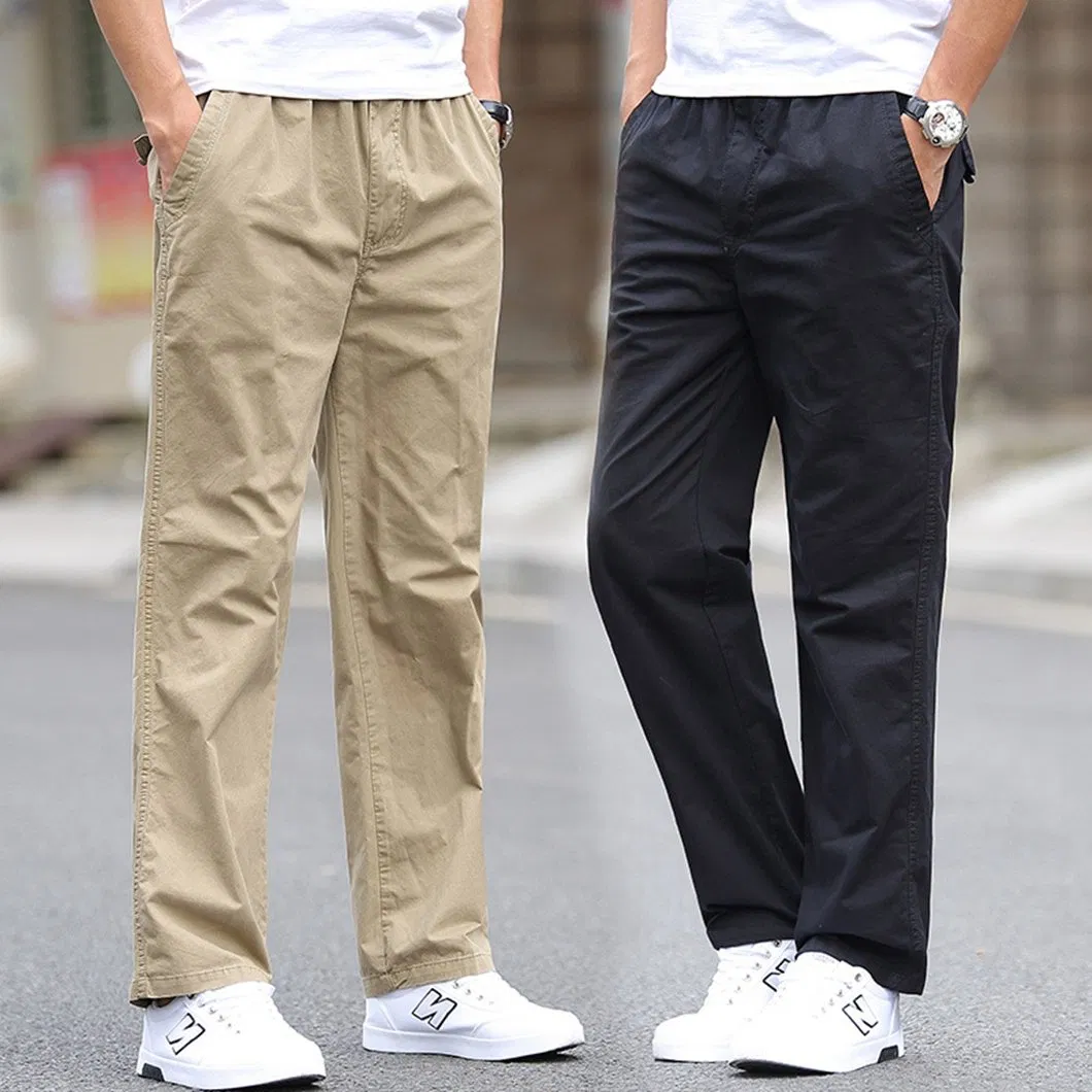 Men's Elastic Waist Custom Logo Khaki Cargo Pant Straight Leg Cotton Trousers Chinos Jeans Pants