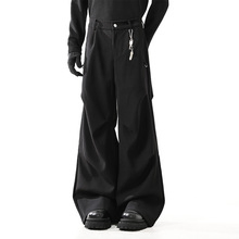 Black Modern Wide-Leg Tailored Commuter Suit Trousers for Men (CFQDNZ-2528)