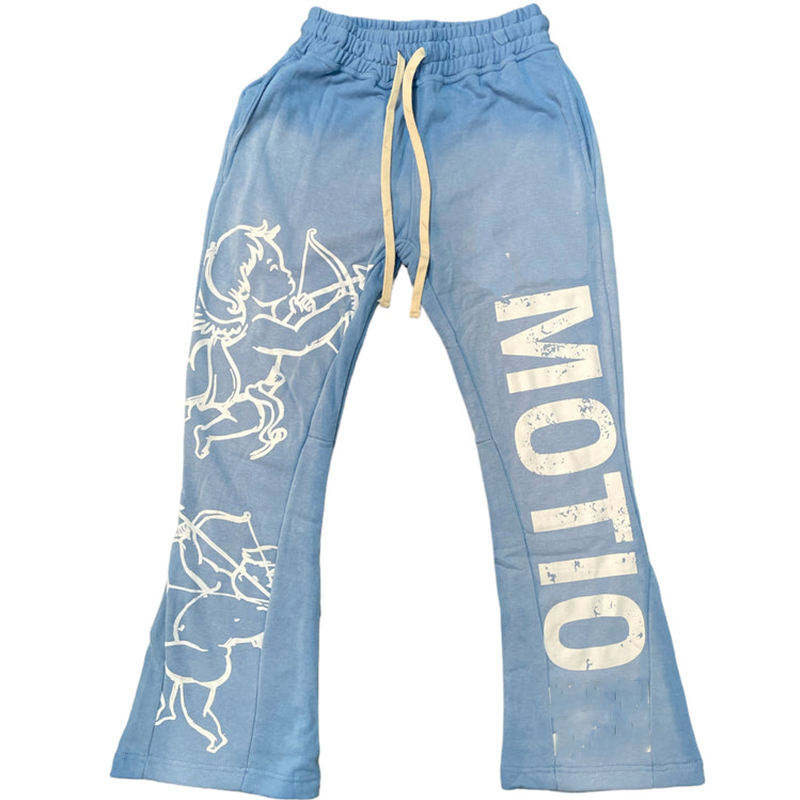 Custom 100% Cotton Streetwear Flared Jogger Trackpants 3D Puff Print Fleece Sweatpants Men Flare Stacked Sweat Pants
