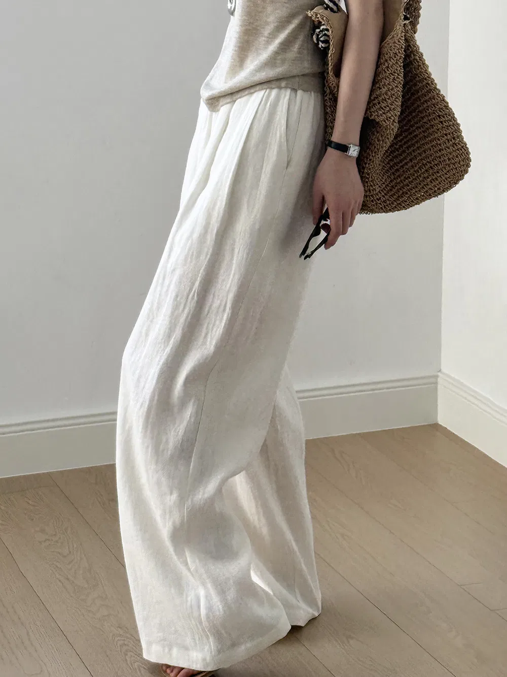 Trendy Thin Linen Trousers with Stretchy Waist for Women