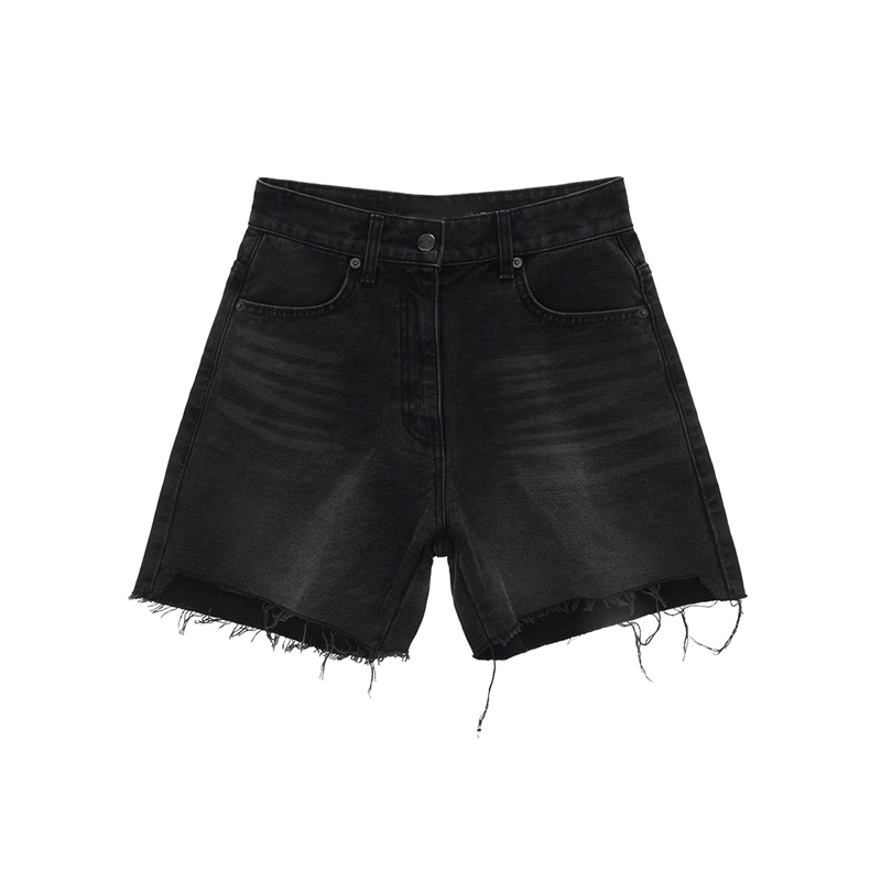Wholesale Fashionable Distressed Women's Black Washed Loose Straight Denim Shorts