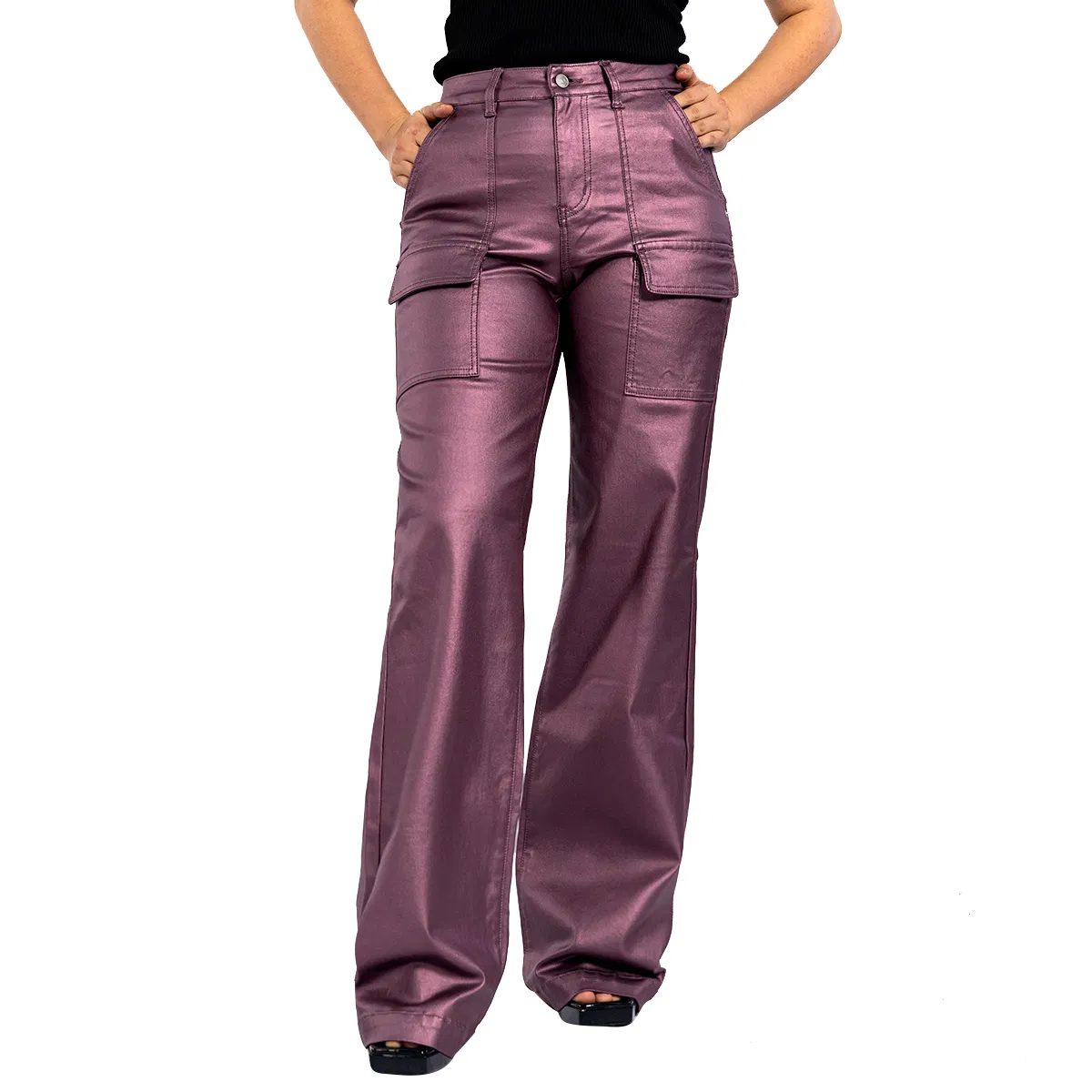 Burgundy High Waisted Cargo Pants Biker Coated Trousers Women