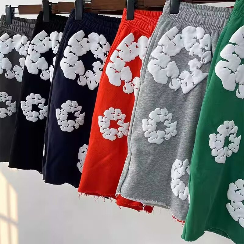 Denim Tears Men Black 3D Floral Print Summer Shorts, Casual Streetwear Cotton