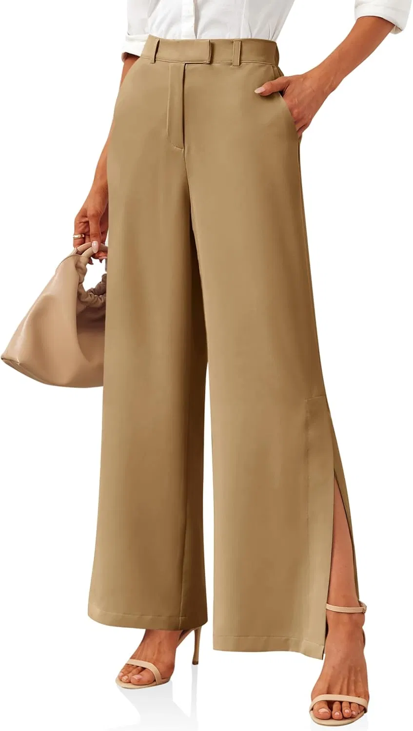 Women's High Waisted Trousers Wide Leg Split Hem Office