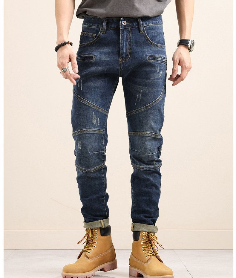 Motorcycle Jeans Slim Fit Stretch Fashion Pants Stitching Trousers