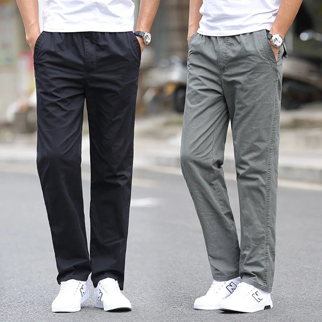 Men's Elastic Waist Custom Logo Khaki Cargo Pant Straight Leg Cotton Trousers Chinos Jeans Pants