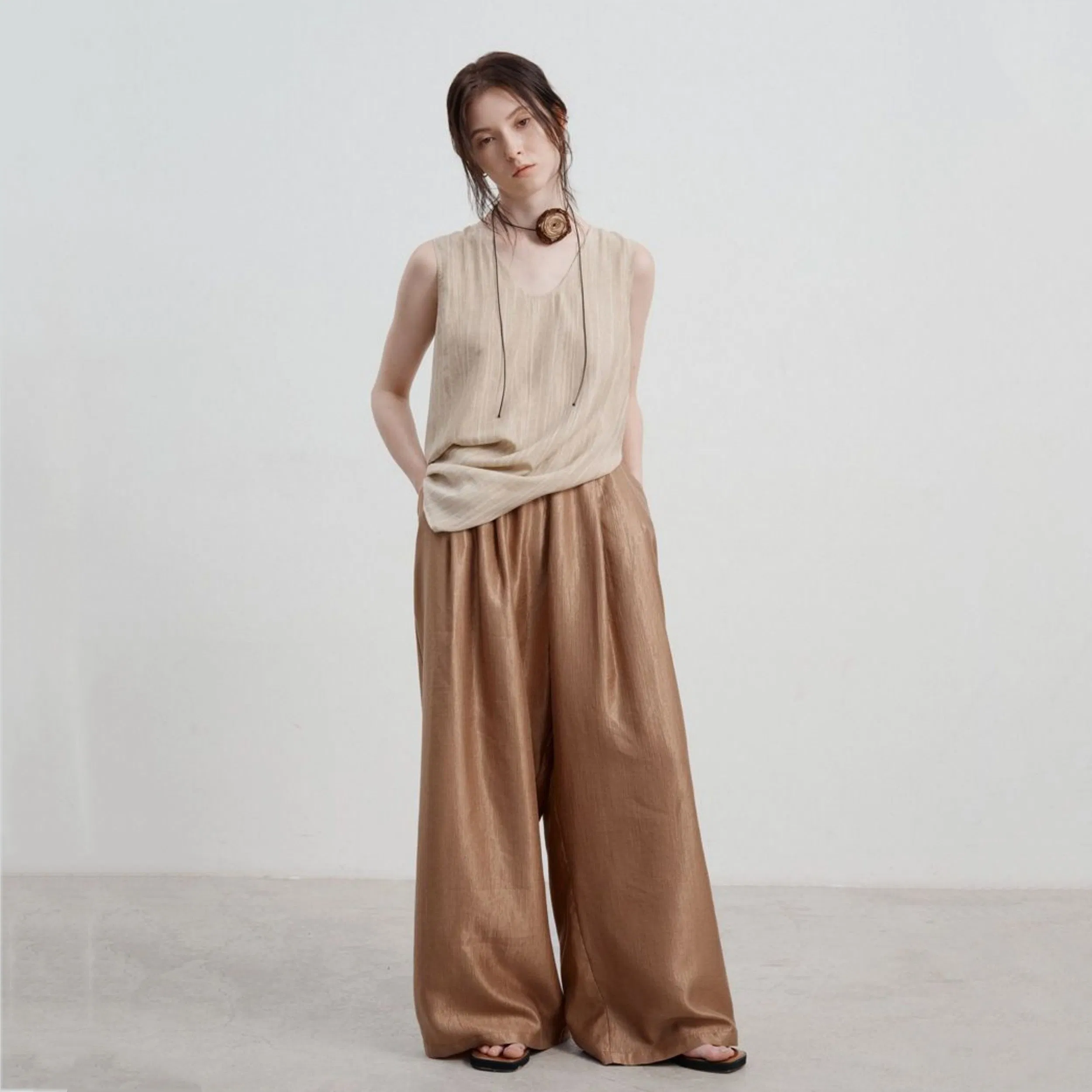 Factory Customization Summer Acetate Wide-Leg Pants High Waist A-Line Straight Casual Trousers