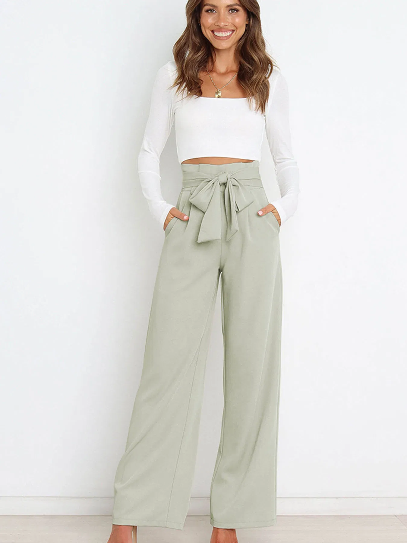 Ladies' Fashionable Ice Silk Pants Loose Lacing High Waist Women Trousers Working