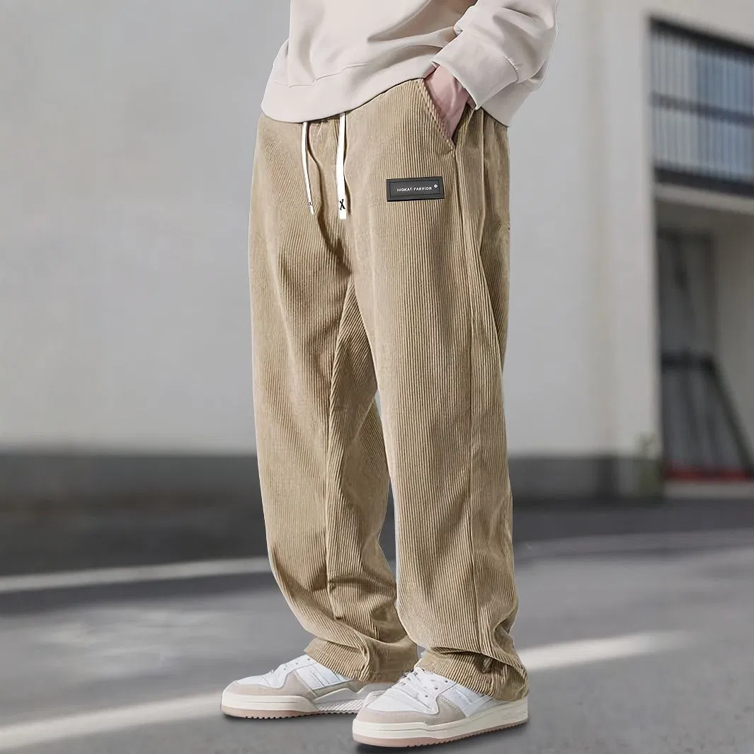 Mens Corduroy Casual Pants Fashion Loose Fit Wide Leg Pants Straight Sweatpants Elastic Waist Drawstring Baggy Vintage Trousers