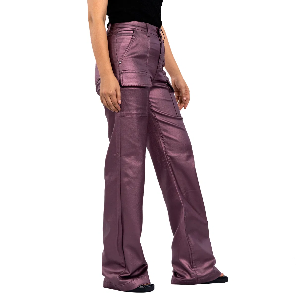 Burgundy High Waisted Cargo Pants Biker Coated Trousers Women