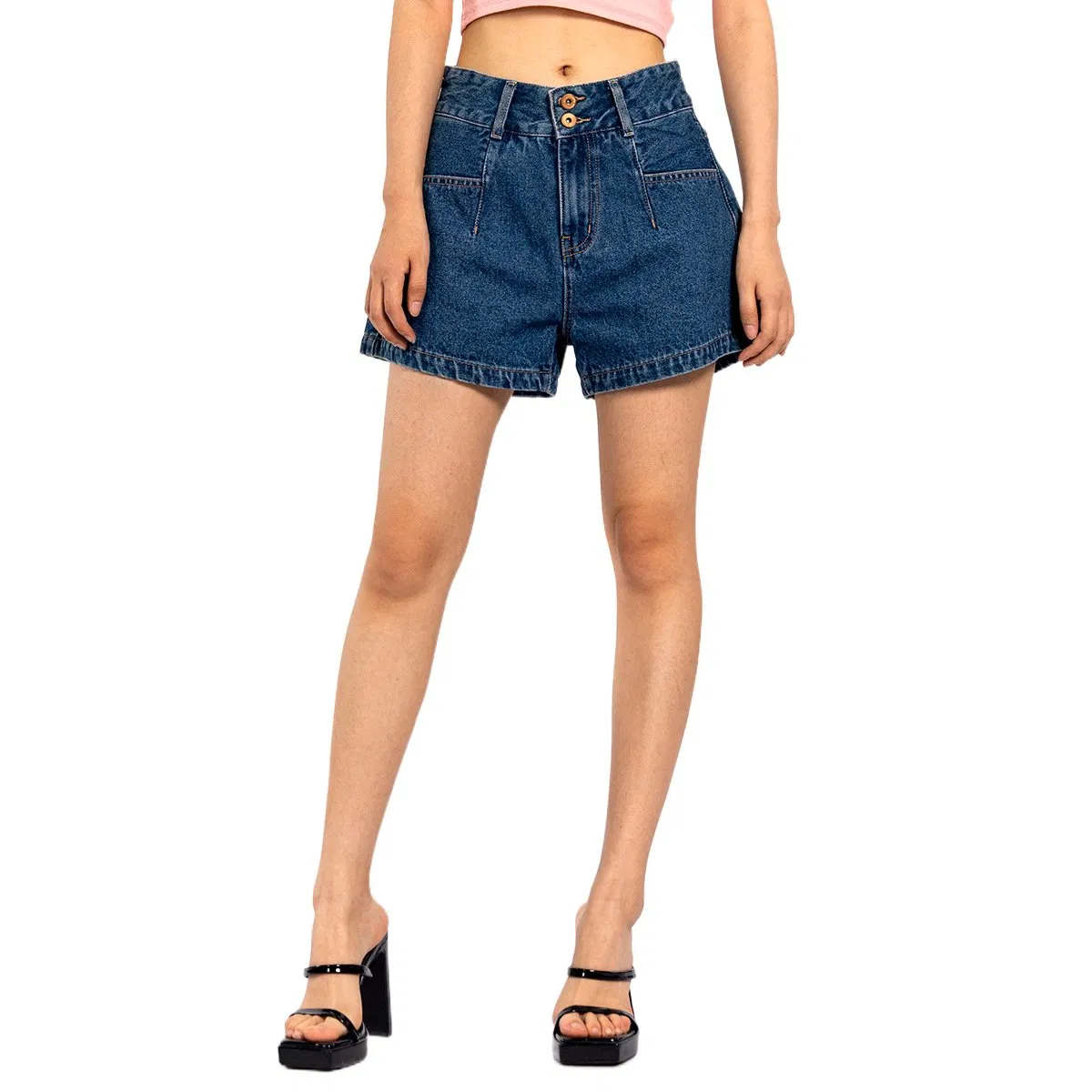 Navy Blue Double Button Loose Casual Summer Denim Shorts Women