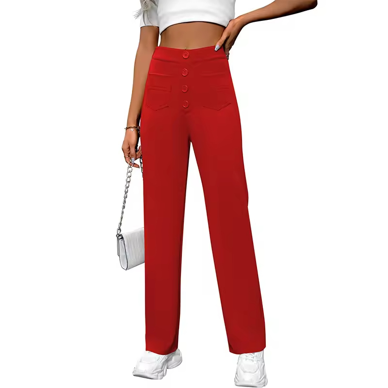 Women's High Waist Button Trousers Wide Leg Casual Loose Straight Design Breathable Pants for Spring Summer